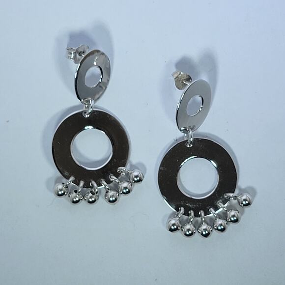 Sterling Silver 1.5 Inch Geometric Dangle Earrings Circle Drop Modern - Picture 2 of 10